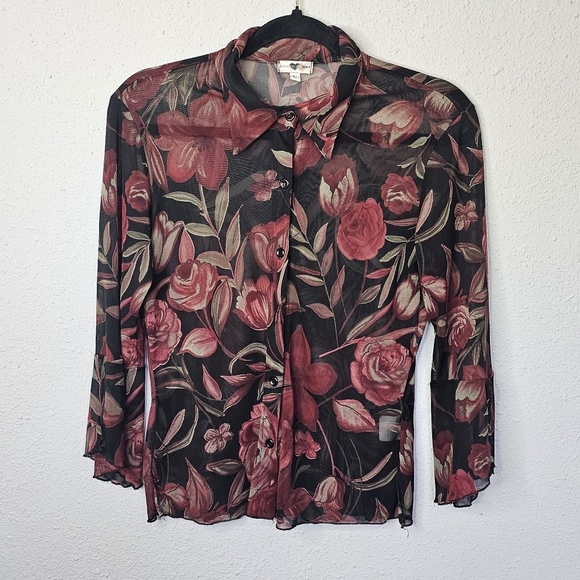 Heart Soul‎ Sheer Blouse Size L Black Red Floral Button Dark Fairy Whimsy Flowy - Picture 1 of 15